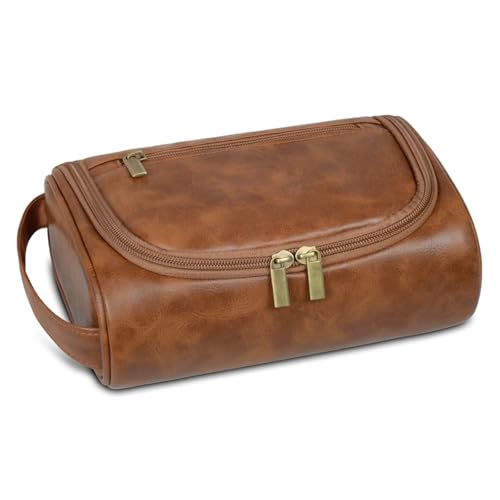 Reise-Toilettenbeutel Reise Kulturbeutel for Frauen Männer Retro PU Leder Kosmetiktaschen Weibliche wasserdichte Make-Up Tasche(Light Brown) von PPQIRU