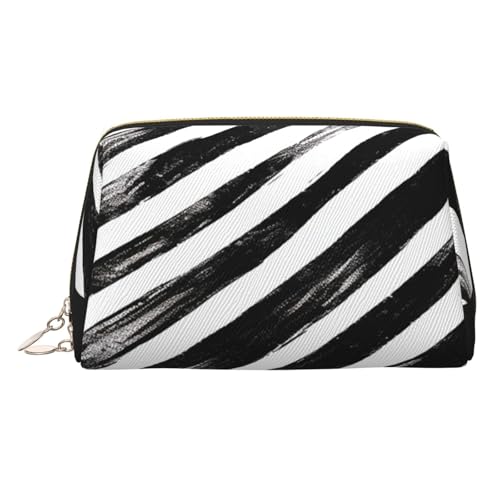 Kosmetiktasche für Damen, Kosmetiktasche, Leder, Reise-Make-up-Tasche, Organizer, wasserdicht, offen, flach, Kulturbeutel, tragbare Aufbewahrungstasche für Reisen, Schwarz und Weiß gestreift, Gold von PPTHSNVB