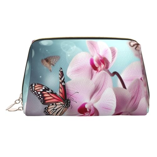 Kosmetiktasche für Damen, Motiv: Orchidee, Blume, Schmetterling, weich, frisch, aus Leder, Reise-Make-up-Tasche, Organizer, wasserdicht, Make-up-Tasche, offen, flach, Kulturbeutel, tragbare von PPTHSNVB