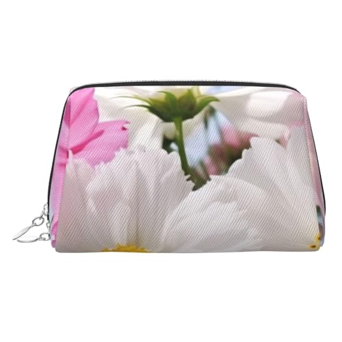 Kosmetiktasche mit weißen Blumen für Damen, Kosmetiktasche, Leder, Reise-Make-up-Tasche, Organizer, wasserdicht, Make-up-Tasche, offen, flach, Kulturbeutel, tragbare Aufbewahrungstasche für Reisen von PPTHSNVB
