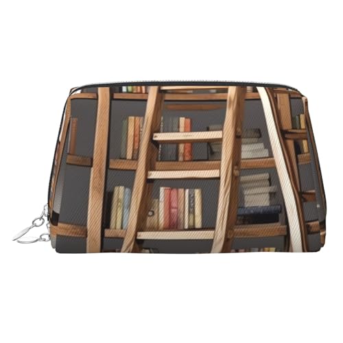 Lustige Bücherregale Sammlung und Leiter Make-up-Tasche für Damen, Kosmetiktasche, Leder, Reise-Make-up-Tasche, Organizer, wasserdicht, Make-up-Tasche, offen, flach, Kulturbeutel, tragbare von PPTHSNVB