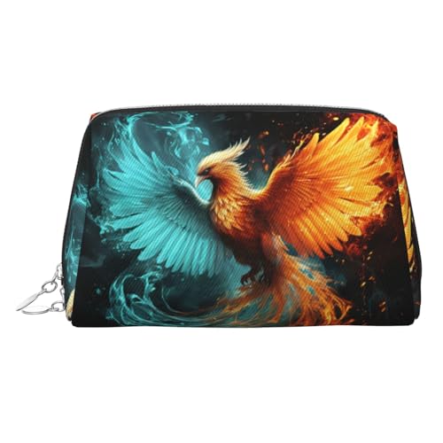 Make-up-Tasche für Damen, Motiv: Feuer und Wasser, Phoenix, Leder, Reise-Make-up-Tasche, Organizer, wasserdicht, offen, flach, Kulturbeutel, tragbare Aufbewahrungstasche für Reisen, silber von PPTHSNVB