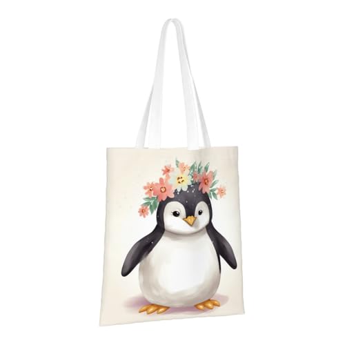 PPTHSNVB Einkaufstasche aus Segeltuch für Damen, Motiv: Pinguin mit Blumen, wiederverwendbar, mit Griffen, Stoffbeutel von PPTHSNVB
