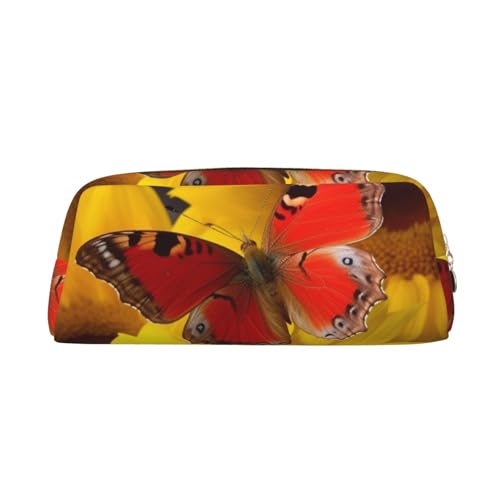 PPTHSNVB Federmäppchen, gelbe Sonnenblumen mit rotem Schmetterling, Federmäppchen mit Reißverschluss, großes Fassungsvermögen, Leder-Federtasche, tragbare Make-up-Tasche für Damen und Herren, gold von PPTHSNVB