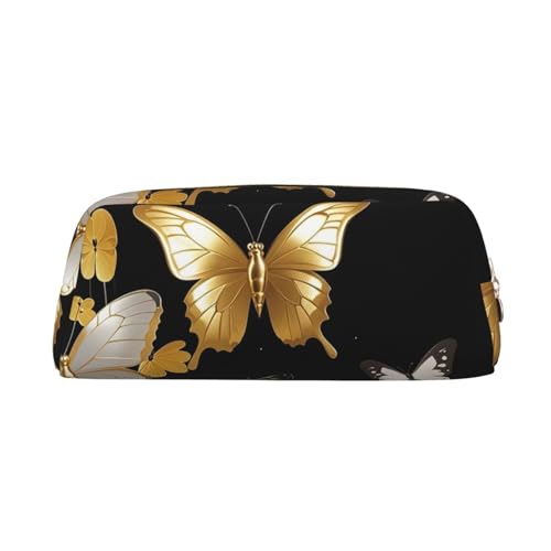 PPTHSNVB Federmäppchen, goldfarben, weiße Schmetterlinge, schwarz, Federmäppchen mit Reißverschluss, großes Fassungsvermögen, Leder-Bleistifttasche, tragbare Make-up-Tasche für Damen und Herren von PPTHSNVB