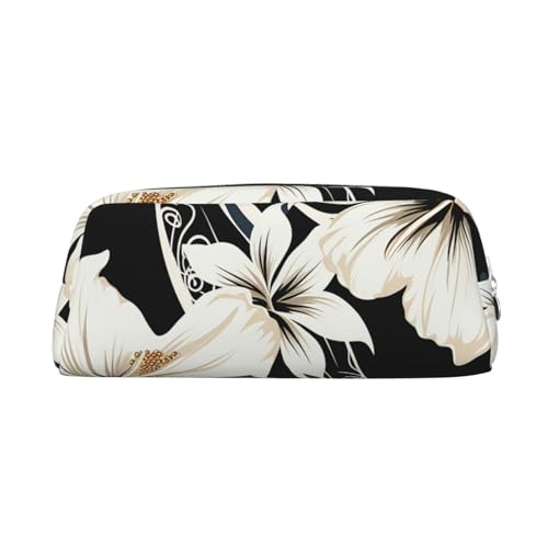 PPTHSNVB Federmäppchen, schwarz und weiß, hawaiianische Blumen, Federmäppchen mit Reißverschluss, großes Fassungsvermögen, Leder-Bleistifttasche, tragbare Make-up-Tasche für Damen und Herren, silber von PPTHSNVB