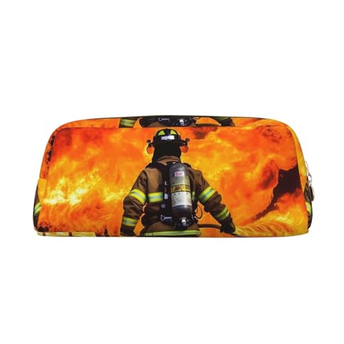 PPTHSNVB Federmäppchen Feuerwehrmann Flamme Federmäppchen mit Reißverschluss Federmäppchen Große Kapazität Leder Federmäppchen Tragbare Make-up-Tasche für Damen Herren, gold, Einheitsgröße, Druck von PPTHSNVB