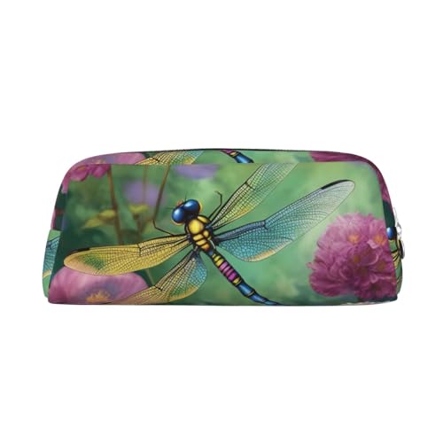 PPTHSNVB Federmäppchen Libelle Garten Frühling Federmäppchen mit Reißverschluss Federmäppchen Große Kapazität Leder Federmäppchen Tragbare Make-up-Tasche für Damen Herren, silber, Einheitsgröße, Druck von PPTHSNVB