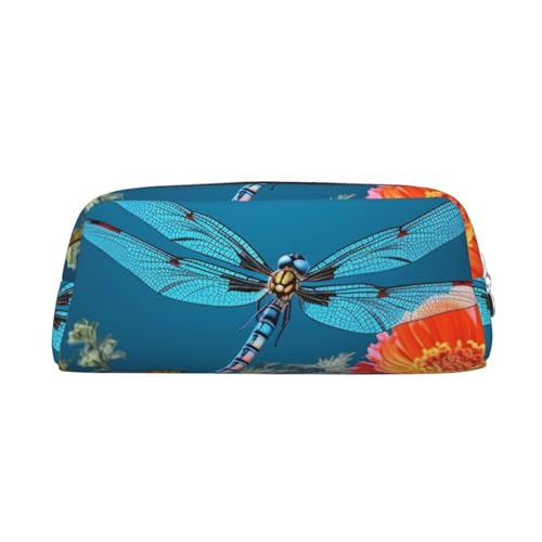 PPTHSNVB Federmäppchen Libelle und Blume, Federmäppchen mit Reißverschluss, großes Fassungsvermögen, Leder-Bleistifttasche, tragbare Make-up-Tasche für Damen und Herren, silber, Einheitsgröße, Druck von PPTHSNVB