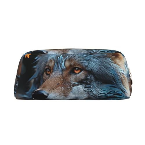 PPTHSNVB Federmäppchen mit Herbstblättern und einem Wolf, Federmäppchen mit Reißverschluss, großes Fassungsvermögen, Leder-Bleistifttasche, tragbare Make-up-Tasche für Damen und Herren, gold von PPTHSNVB