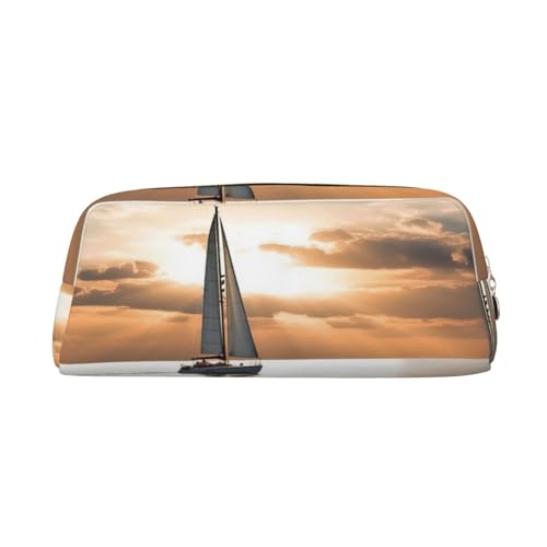 PPTHSNVB Federmäppchen mit Segelboot auf dem Meer, Federmäppchen mit Reißverschluss, großes Fassungsvermögen, Leder, tragbare Make-up-Tasche für Damen und Herren, gold, Einheitsgröße, Druck von PPTHSNVB