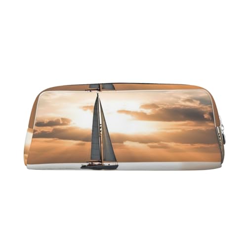 PPTHSNVB Federmäppchen mit Segelboot auf dem Meer, Federmäppchen mit Reißverschluss, großes Fassungsvermögen, Leder, tragbare Make-up-Tasche für Damen und Herren, silber, Einheitsgröße, Druck von PPTHSNVB