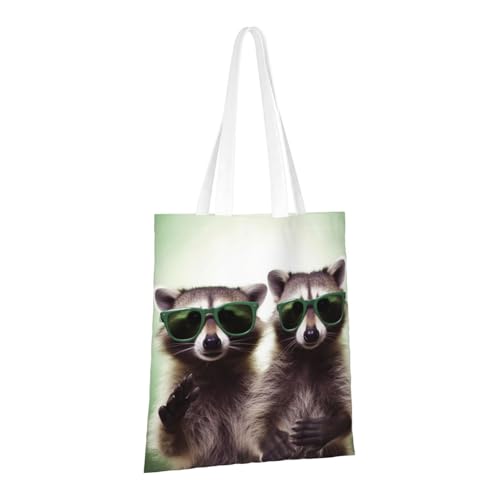 PPTHSNVB Lustige Waschbär-grüne Sonnenbrille, Canvas-Tragetasche für Damen, wiederverwendbare Einkaufstasche mit Griffen, Stoffbeutel von PPTHSNVB