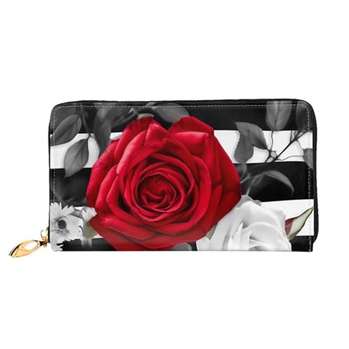 PPTHSNVB Schwarz Weiß Streifen Rote Rose Blumen Damen Geldbörse Große Kapazität Kreditkartenhalter Reißverschluss Telefon Clutch Damen Reise Geldbörse, Schwarz Weiß Streifen Rot Rose Blumen von PPTHSNVB