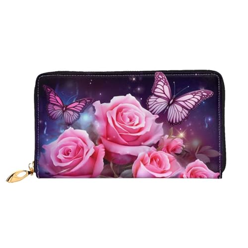PPTHSNVB Sunflower Field Sunset Sea of Flowers Damen Geldbörse Große Kapazität Kreditkartenetui Reißverschluss Telefon Clutch Damen Reisegeldbörse, Rose und Schmetterlinge, Einheitsgröße, Klassisch von PPTHSNVB