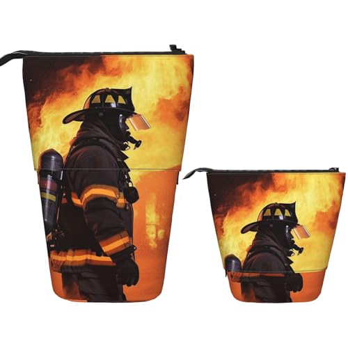 Teleskop-Federmäppchen, Stifthalter, Pop-Up-Schreibwarenetui, Feuerwehrmann, Flamme, stehendes Federmäppchen, niedliches Federmäppchen, Stand-up-Stifttasche, Make-up-Kosmetiktasche für Erwachsene von PPTHSNVB