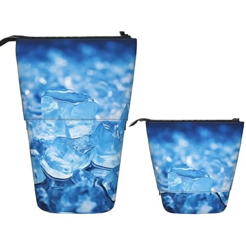 Teleskop-Federmäppchen, Stifthalter, Pop-Up-Schreibwarenetui, blauer Eiswürfelhintergrund, Stehendes Federmäppchen, niedliches Federmäppchen, Stand-up-Stifttasche, Make-up-Kosmetiktasche für von PPTHSNVB