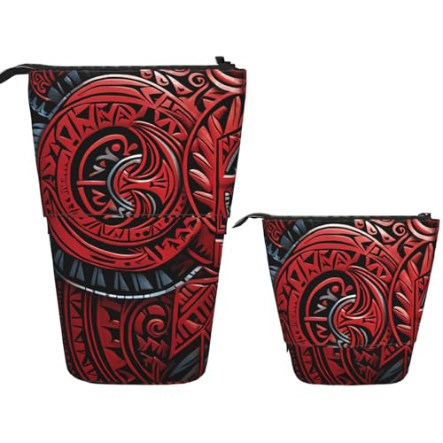 Teleskop-Federmäppchen, Stifthalter, Pop-Up-Schreibwarenetui, rotes Tribal-Muster, Stehendes Federmäppchen, niedliches Federmäppchen, Stand-up-Stifttasche, Make-up-Kosmetiktasche für Erwachsene von PPTHSNVB