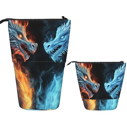 Teleskop-Federtasche, Stifthalter, Pop-Up-Schreibwarenetui, Eis- und Feuerdrachen, stehendes Federmäppchen, niedliches Federmäppchen, Stand-up-Stifttasche, Make-up-Kosmetiktasche für Erwachsene von PPTHSNVB