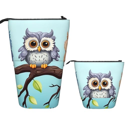 Teleskop-Federtasche, Stifthalter, Pop-Up-Schreibwarenetui, Eulen auf einem Ast, stehendes Federmäppchen, niedliches Federmäppchen, Stand-up-Stifttasche, Make-up-Kosmetiktasche für Erwachsene von PPTHSNVB