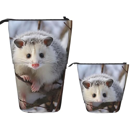 Teleskop-Federtasche, Stifthalter, Pop-Up-Schreibwarenetui, Opossum im Schnee, stehendes Federmäppchen, niedliches Federmäppchen, Stand-up-Stifttasche, Make-up-Kosmetiktasche für Erwachsene von PPTHSNVB