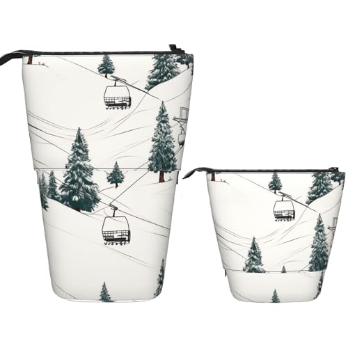 Teleskop-Federtasche, Stifthalter, Pop-Up-Schreibwarenetui, Skilift mit Tannenbaum, stehendes Federmäppchen, niedliches Federmäppchen, Stand-up-Stifttasche, Make-up-Kosmetiktasche für Erwachsene von PPTHSNVB