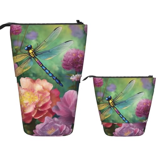 Teleskop-Federtasche, Stifthalter, Pop-Up-Stiftetui, Stehendes Federmäppchen, Libellen-Garten, Frühling, niedliches Federmäppchen, Stand-up-Stifttasche, Make-up-Kosmetiktasche für Erwachsene von PPTHSNVB