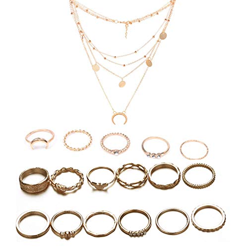17 Stück Vintage Golden Midi Ringe Fingerring-Set und Mehrschichtige Halskette für Damen Mädchen, Fashion Frauen Midi Ring Nagel Finger Band mit Aufbewahrungsbox von PPX von PPX