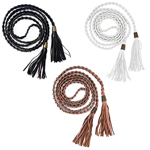 PPX 3 Stück Gürtel Geflochten Damen, Slim Fit Gürtel PU Leder Geflochtene Bauchkette mit Tassel Retro Style,Schwarz Weiß Braun von PPX