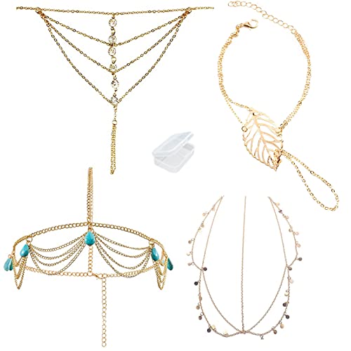 PPX 4 Stück Schmuck-Set, böhmischen Stil Kreis Pailletten Kette Schmuck Stirn Haarband Verschluss Dekorationen und Haarband Quasten Perle und Kristall Armband Slave Finger Ring Hand Harness mit Box von PPX