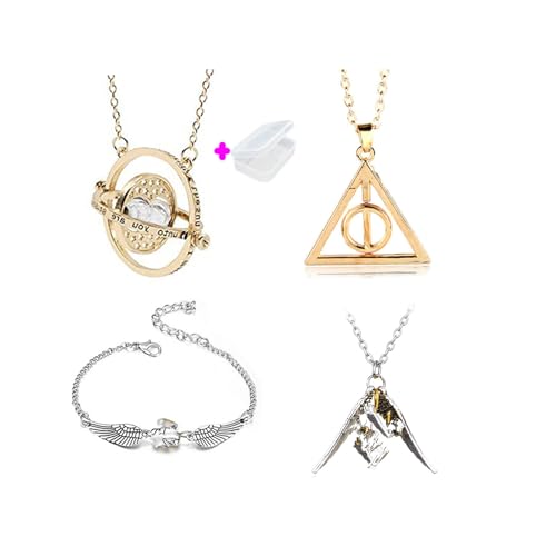 PPX 4 Stück Zeitumkehrer Kette Hermine Anhänger Sanduhr Gold-Gold Sand und Halskette Schnatz-Snitch/Flügel lose für Fans von PPX