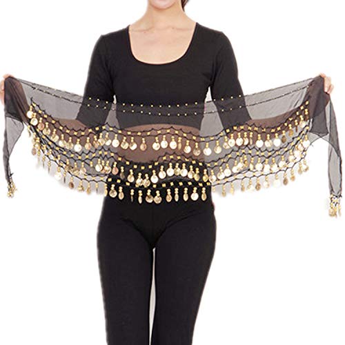 PPX Belly Dance Bauchtanz Hüfttuch Kostüm 128 Goldfarbenen Münzen Münzgürtel Gürtel in Schwarz (Schwarz) von PPX
