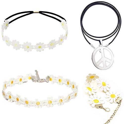 PPX Hippie Kostüm Set - 60er Jahre Friedenszeichen Halskette Sonnenblume Krone Haarband, Armband und Halskette 60er Jahre Hippie Dressing Zubehörset von PPX
