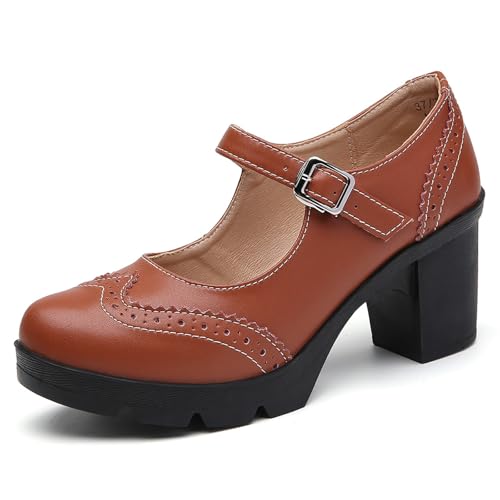 PPXID Damen Mary Jane Pumps Blockabsatz Plateau Mittlere Absätze Klassiker Kleid Gericht Schuhe,Mattbraun,42 EU von PPXID