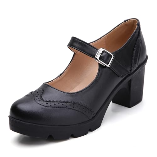 PPXID Damen Mary Jane Pumps Blockabsatz Plateau Mittlere Absätze Klassiker Kleid Gericht Schuhe,Schwarz,36.5 EU von PPXID