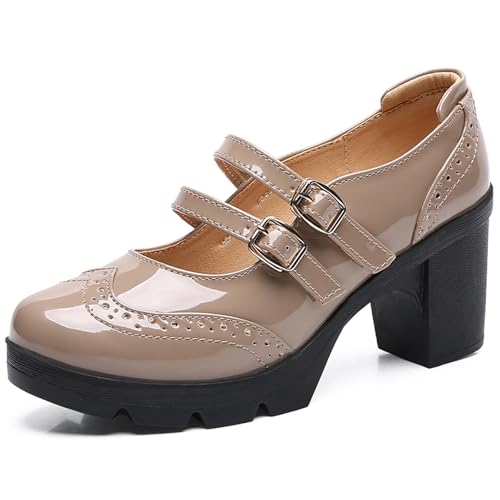 PPXID Damen Mary Jane Pumps Lack Plateau Doppelriemen Kleid Gericht Schuhe,Aprikose,36 EU von PPXID