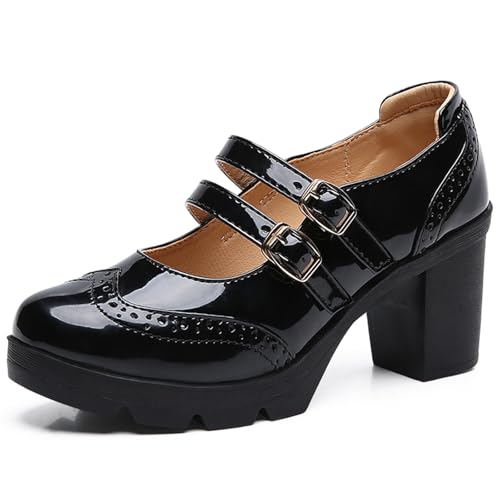PPXID Damen Mary Jane Pumps Lack Plateau Doppelriemen Kleid Gericht Schuhe,Schwarz,38 EU von PPXID