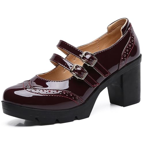 PPXID Damen Mary Jane Pumps Lack Plateau Doppelriemen Kleid Gericht Schuhe,Weinrot,41 EU von PPXID