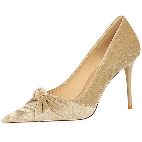 PPXID Damen Plateau Schleife Spitze Pumps 10 cm Absatz Stiletto Arbeit Hochzeit Abendkleid High Heels,Aprikose,37.5 EU von PPXID