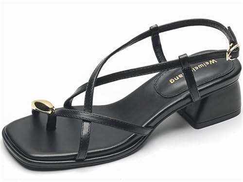 PPXID Damen Sandalen mit gekreuzten Riemen Klobigem Absatz Niedriger Ferse Clip Zehenpartie Roma Schuhe,Schwarz,37.5 EU von PPXID