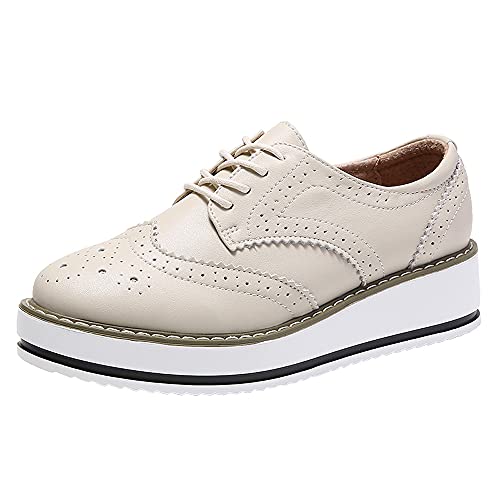 PPXID Schnürhalbschuhe Damen Oxford Brogues Halbschuhe Sneaker mit Keilabsatz,Beige,41 EU von PPXID