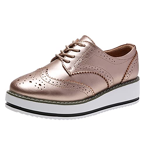 PPXID Schnürhalbschuhe Damen Oxford Brogues Halbschuhe Sneaker mit Keilabsatz,Gold,36 EU von PPXID