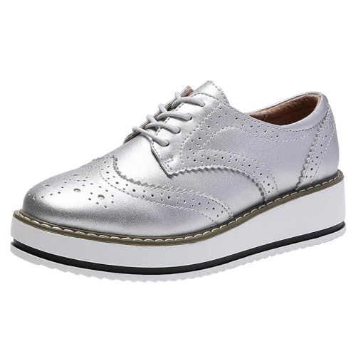 PPXID Schnürhalbschuhe Damen Oxford Brogues Halbschuhe Sneaker mit Keilabsatz,Silber,42 EU von PPXID