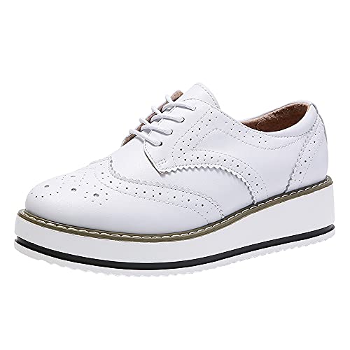 PPXID Schnürhalbschuhe Damen Oxford Brogues Halbschuhe Sneaker mit Keilabsatz,Weiß,42 EU von PPXID