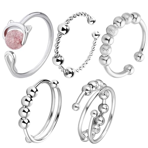PQJSJDR 5 Stück verstellbare Fidget-Ringe mit Perlen, silberner Edelstahlring, Anti-Angst-Ring, Spinner-Ring, Fidget-Ring für Frauen PQJSJDR 5 Stück verstellbare Fidget-Ringe mit Perlen, silberner Edelstahlring, Anti-Angst-Ring, Spinner-Ring, Fidget-Ring für Frauen von PQJSJDR