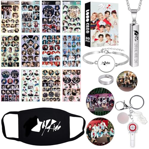 PQKL-party Stray Kids Geschenke Set Fanartikel Stray Kids Fotokarte SKZ Aufkleber, Armband Skzoo Schlüsselanhänger,Ringe, Anhänger Halskette,Schwarze Maske,Button Pin,Handy-Ringhalter von PQKL-party