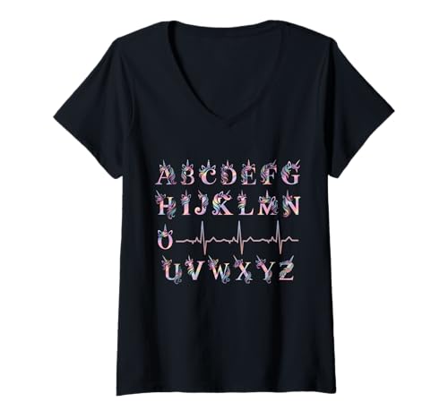 Damen Nurse PQRST Herzschlag Einhorn Alphabet Lustig Nursing Student T-Shirt mit V-Ausschnitt Damen Nurse PQRST Herzschlag Einhorn Alphabet Lustig Nursing Student T-Shirt mit V-Ausschnitt von PQRST EKG Wave Nurse
