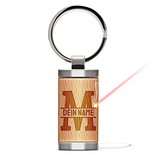 Gravierter Schlüsselanhänger gestalten mit Initiale M und Name - Metall-Anhänger mit Holzstück graviert mit Namen | 24x48 mm, mit Lasergravur personalisiertes Geschenk von PR Print Royal