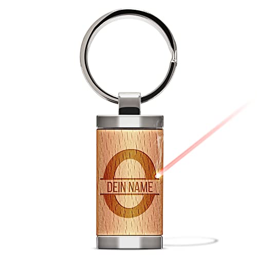 Gravierter Schlüsselanhänger gestalten mit Initiale O und Name - Metall-Anhänger mit Holzstück graviert mit Namen | 24x48 mm, mit Lasergravur personalisiertes Geschenk von PR Print Royal