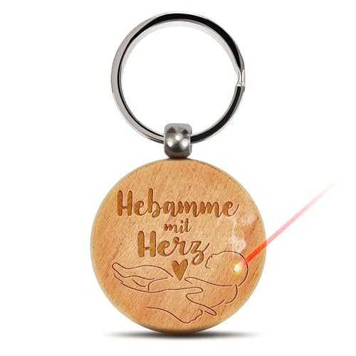 PR Print Royal Schlüsselanhänger mit Gravur - 45 x 45 mm - Geschenk für die Hebamme mit Herz | Runder Anhänger aus Echtholz, Lasergravur, Hebamme Geschenke von PR Print Royal